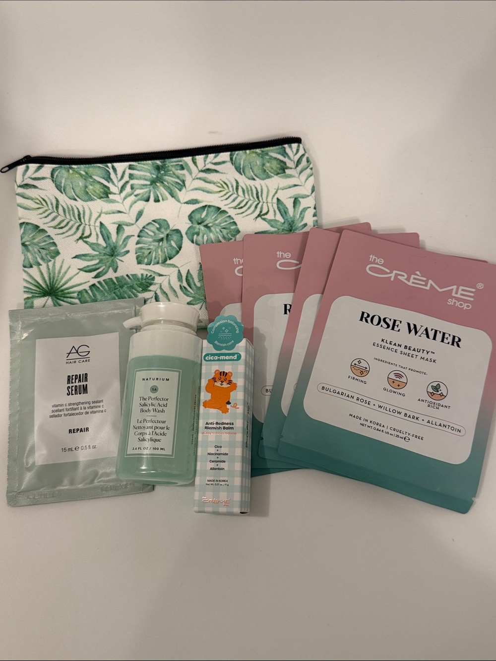 Rose Water Mask, Serum, Balm, and Body Wash Set with Green Carrying Pouch 🌹